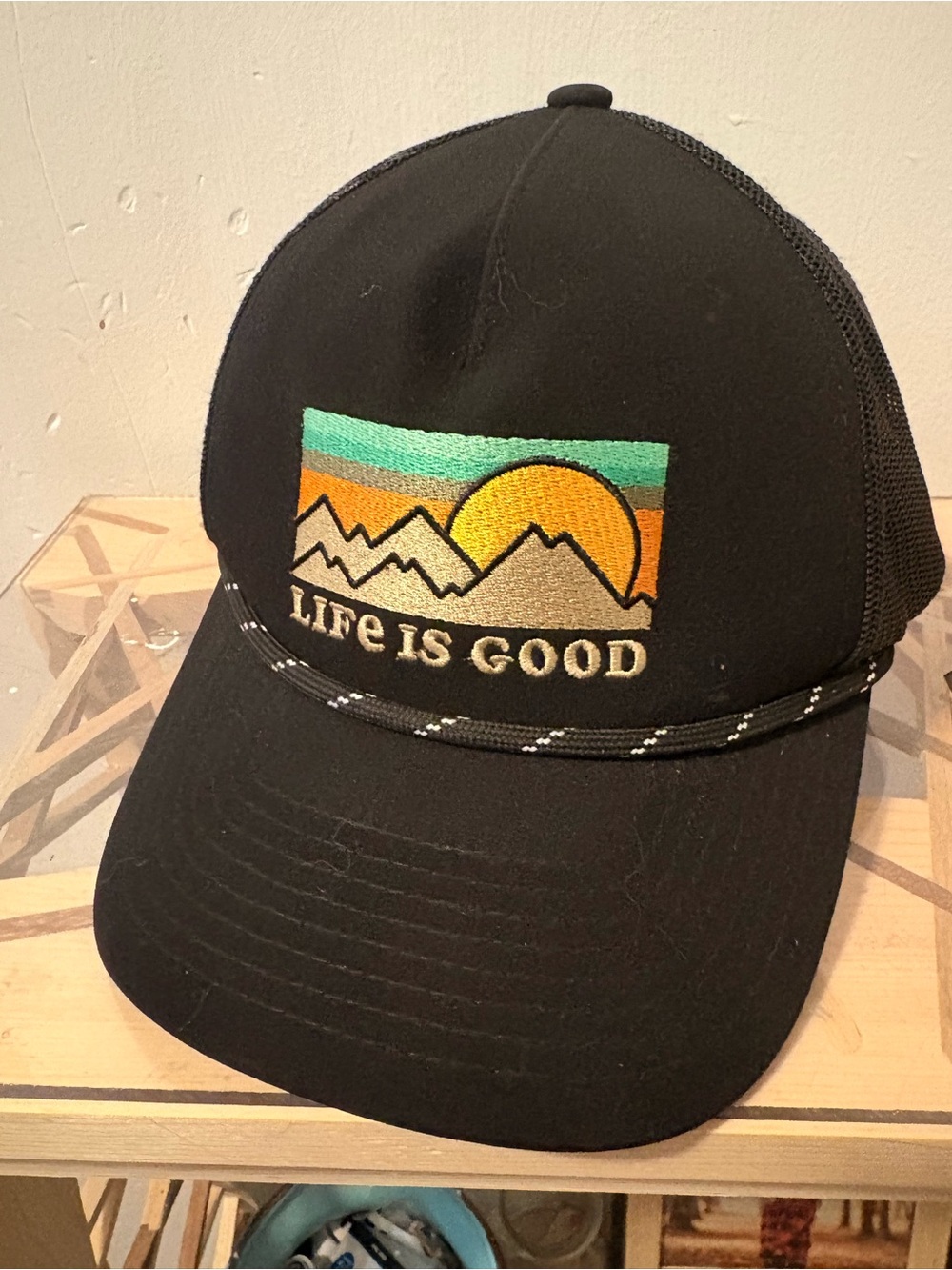 Life is Good Black Sunset Mountain Trucker Rope Hat Snapback Adult
